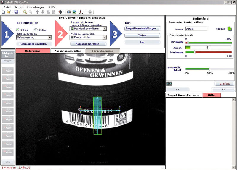 Auf der Bedienoberfläche der Software ConVIS sieht man ein laufendes Bild des Erfassungsbereichs auf dem Monitor. (Balluff)