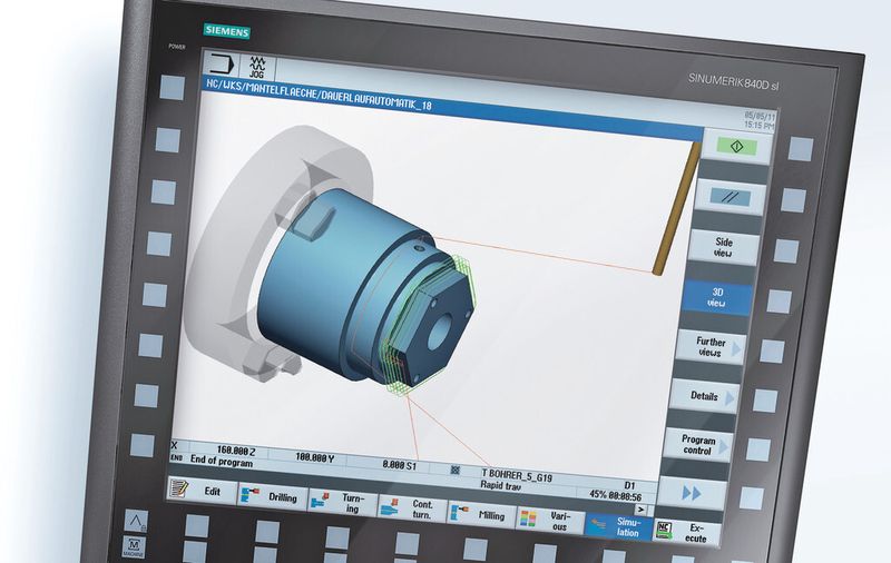 Bild 4: Die 3D-Simulation wurde im Bereich Workpiece um die Aufspannung erweitert. Tisch beziehungsweise Rundachse können nun mit dargestellt werden, die realistischere Ansicht bietet dem Bediener zusätzliche Orientierung. (Bild: Siemens/Stefan Koeppel)