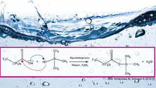 Fig. 1: Derivazione del PFOA con trietilsilanolo in condizioni acide [3]. (Immagine:© Chlorophylle - stock.adobe.com, formula: Stróżyńska M, Schuhen K 2019 [3])