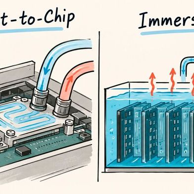 Illustration: Bei der Direct-to-Chip-Kühlung nimmt eine Kühlplatte die Wärme direkt am Prozessor auf. Bei der Immersionskühlung werden die elektronischen Komponenten dagegen vollständig in eine elektrisch isolierende Kühlflüssigkeit eingetaucht. (Bild: Dall-E / KI-generiert)