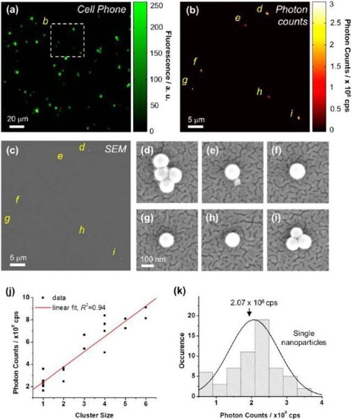 Helligkeitsmessung an 100-nm-Partikeln mithilfe von Photonenzählung. a) Smartphoneaufnahme der 100-nm-Teilchen, b) gezählte Photonen dieses in a) gekennzeiochneten Bereichs. c) zeigt die entsprechende Elektronenmikroskop-Aufnahme und d) bis i) Vergrößerungen der Partikel. j) Korrelation der gezählten Photonen pro Sekunde und Objekt in Abhängigkeit von der Clustergröße. k) Photonenzahlverteilung bei einzelnen 100-nm-Partikeln anhand von 60 Nanoteilchen (Bild: UCLA)