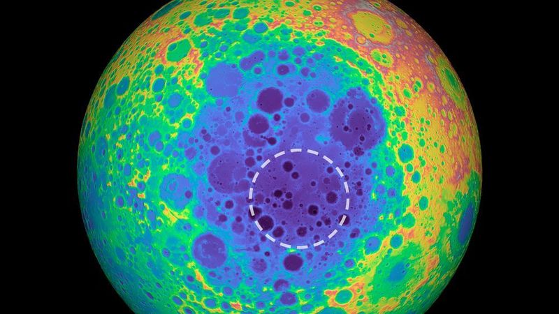 This false-color graphic shows the topography of the far side of the Moon. The warmer colors indicate high topography and the bluer colors indicate low topography. The South Pole-Aitken (SPA) basin is shown by the shades of blue. The dashed circle shows the location of the mass anomaly under the basin. (Nasa/ Goddard Space Flight Center/ University of Arizona)