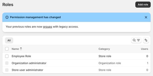 Benachrichtigung zur Einführung des neuen Rechtemanagements.(Bild:  Shopify Academy)
