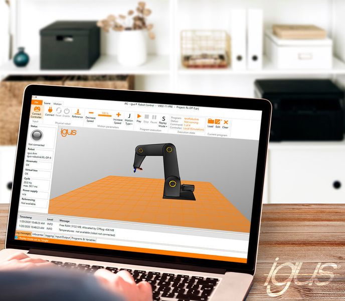 Für die Simulation und Steuerung von Igus-Robotern bietet das Unternehmen Anwendern die kostenlose Softwware Igus Robot Control. In der Software gibt es für alle Igus Roboter einen digitalen Zwilling, der wie der reale Roboter simuliert und geteached werden kann.  (Igus)
