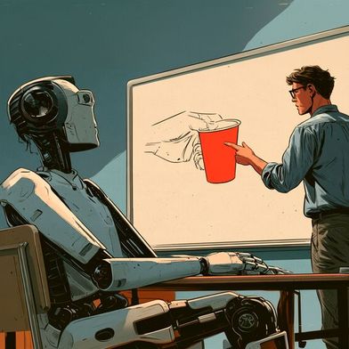 Ein Weltmodell soll dem Roboter nicht nur erklären, wie er einen Becher greift, sondern auch die Folgen seiner Bewegung berechnen. (Bild: Midjourney / KI-generiert)
