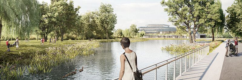 Die fünf Sphären „Wasser“, „Wildnis“, „Wiese“, „Wald“ und „Garten“ sollen die neuen öffentlichen Gebäude der Landesgartenschau mit dem künftigen Park zu einem stimmigen Ensemble zusammenführen.