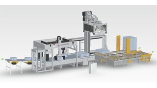 „The Wave“ kombiniert Förderelement und Lagengreifer, um komplette Produktlagen von einer Förderstrecke aufzunehmen und auf Paletten abzusetzen. (Bild: Langhammer)