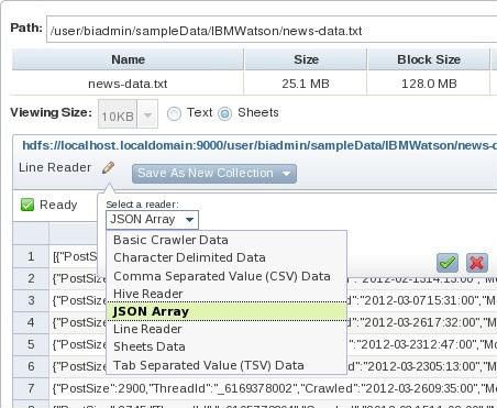 Das Zusammenstellen einer Datensammlung (Collection) erfolgt in BigSheets mit einem JSON-Array. (Bild: IBM)