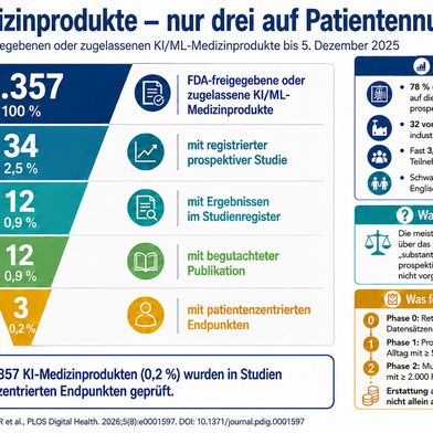 Von 1.357 bis zum 5. Dezember 2025 von der FDA freigegebenen oder zugelassenen KI/ML-Medizinprodukten waren nur 34 mit einer registrierten prospektiven klinischen Studie verknüpft. Zwölf Produkte wiesen Ergebnisse im Studienregister auf, weitere zwölf eine begutachtete Publikation. Lediglich drei (0,2 %) wurden in Studien mit patientenzentrierten Endpunkten untersucht. Die Infografik zeigt außerdem zentrale Merkmale der Evidenzlücke und das von den Autoren vorgeschlagene dreistufige Modell für eine stärkere klinische Validierung. (Bild: Guido Deußing, nach Abulibdeh R et al. PLOS Digital Health. 2026;5(8):e0001597. DOI: 10.1371/journal.pdig.0001597)