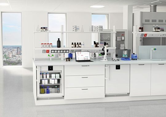 Integrierbare Unterbau-Laborgeräte bieten Lagersicherheit unmittelbar unter der Arbeitsfläche.(Bild:  Liebherr)