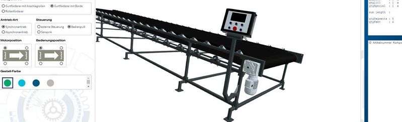 3D-Konfiguration eines Transportbandes mit Daten aus dem CAD-System: Das Angebot lässt sich schneller erstellen und das Endprodukt gleichzeitig visualisieren.(Bild:  Revalize)