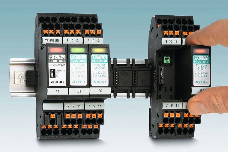 SPD für MSR-Anwendungen: die Geräte der Baureihe Plugtrab IQ bieten integrierte Statusüberwachung, lokale Funktionsanzeige sowie Hilfsspannungs-Versorgung und Fernmeldefunktion über ein Hutschienen-integriertes Bus-System. (Phoenix Contact)