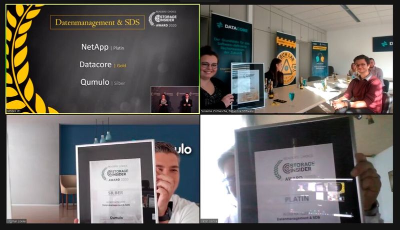 Die Gewinner der Kategorie „Datenmanagement & SDS“: NetApp (Platin, vertreten durch Peter Hanke, u.r.), DataCore (Gold, vertreten durch Susanne Zschiesche, o.r.) und Qumulo (Silber, vertreten durch Ingmar Löke, u.l.). (Bild: Vogel IT-Medien)