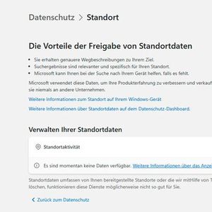 Die Verwaltung der Standortdaten zeigt gespeicherte Positionsinformationen und erlaubt deren Kontrolle oder vollständige Entfernung.(Bild:  Joos)