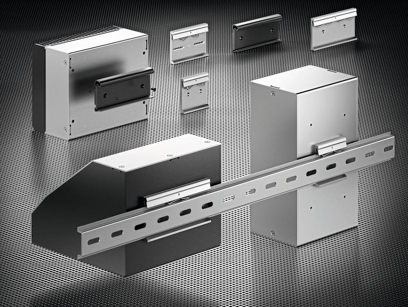 Bild 1:  Die Montage der Gehäuse auf Tragschiene erfolgt über universelle Befestigungsklammern aus Aluminium oder Kunststoff. (Bild: © Fischer Elektronik)