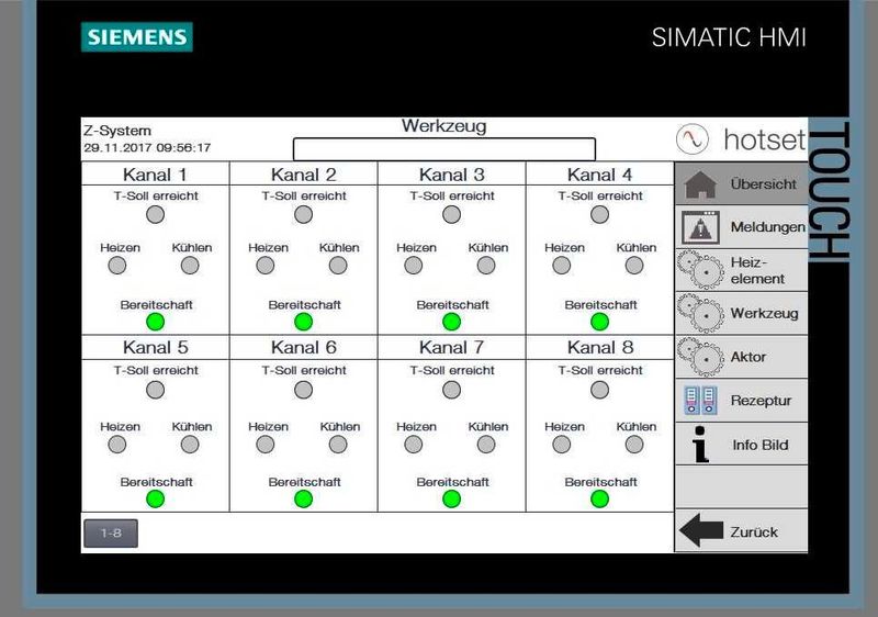 Hier ein Blick auf Hotmelts Touchscreen des von Filler erwähnten Z-Systems: Damit gelingt die effiziente und gezielte partielle sowie zyklische Temerpierung von Spritzgießwerkzeugen besonders wirtschaftlich, heißt es. (Hotset)