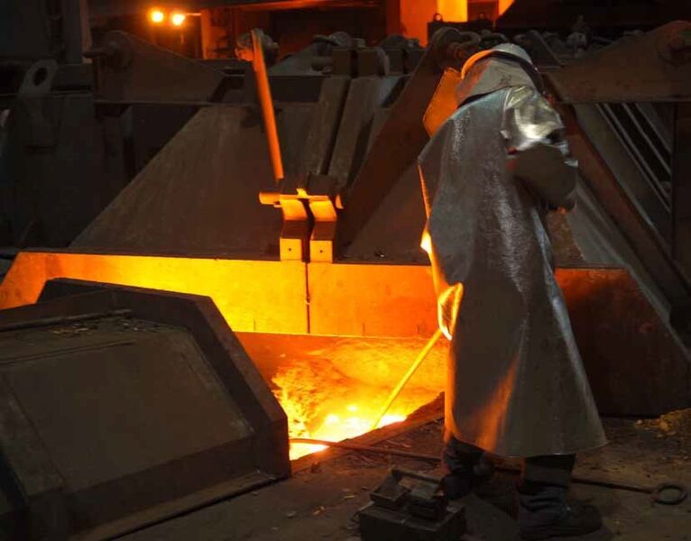 The iron ores are reduced in a blast furnace. The carbon-rich molten raw iron is converted into low-carbon steel in massive converter ladles (Picture: Samson)
