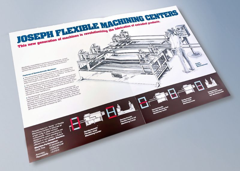 Die Originalzeichnung des Konzepts des flexiblen Bearbeitungszentrums von Joseph Machine, ca. 1986; mit PC-based Control wurde es schließlich in der jFlex SFMC realisiert, die Fenster- und Türrahmen aus PVC, Fiberglas oder Aluminium in weniger als 60 Sekunden montieren kann. (Bild: Joseph Machine, 1986)
