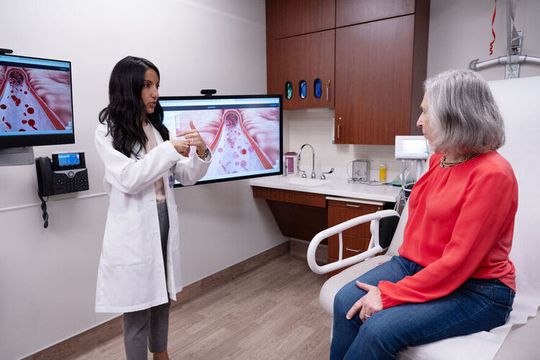 Dr. Priya Freaney speaking to a patient at Bluhm Cardiovascular Institute at Northwestern Memorial Hospital in Chicago.(Source:  Northwestern Medicine)