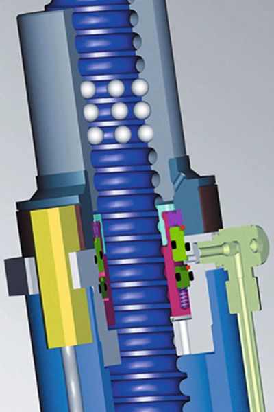 Kernelement des SST-Systems von Nußbaum ist die Fangmutter (Pfeil). Sie läuft mit einem Kugelumlauf auf der spindelförmigen Kolbenstange des Hebezylinders. Versagt die Hydraulik, überträgt sie die Last ohne Absacken auf das Hebezylindergehäuse. (Nußbaum)