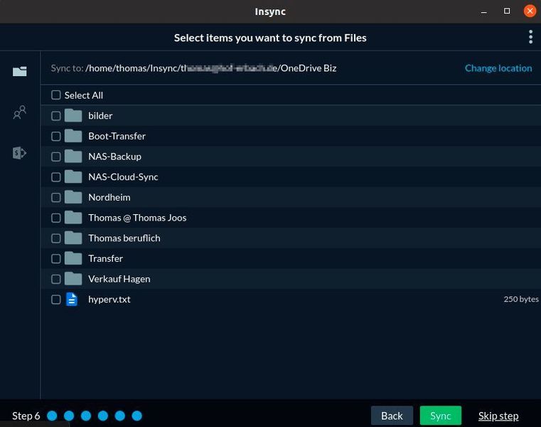 Auswählen der zu synchronisierenden Verzeichnisse zur Synchronisierung zwischen insync und OneDrive. (Joos)