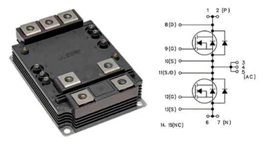 Bild 1: Gehäuseform und elektrisches Ersatzschaltbild des SiC-Leistungsmoduls FMF750DC-66A im LV100-Gehäuse. Bild 1: Gehäuseform und elektrisches Ersatzschaltbild des SiC-Leistungsmoduls FMF750DC-66A im LV100-Gehäuse.