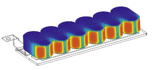 (Bild 2. 3D-Modellbild, das die Simulation von EM-Effekten innerhalb eines Zwischenkreiskondensators zeigt. Bild: Robert Bosch GmbH)