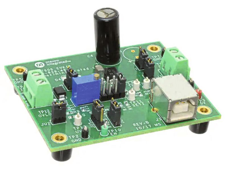 Bild 7: Evaluierungsboards wie das MAX17608EVKIT# für den MAX17608 sind auch für die Schutz-ICs MAX17609 und MAX17610 erhältlich.  (Bild: Maxim Integrated)
