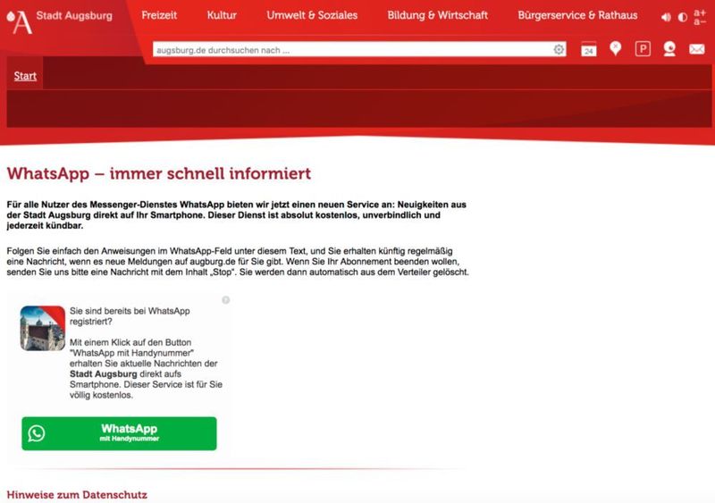 Die Stadt Augsburg nutzt WhatsApp für einen täglichen Newsletter mit den wichtigsten Nachrichten aus der Stadtverwaltung. Dabei handelt es sich um Bekanntmachungen der Stadt, aktuelle Informationen zu Veranstaltungen oder die wichtigsten Kultur-News. Das Feedback der Bürger ist via Chat möglich. (WhatsBroadcast GmbH)