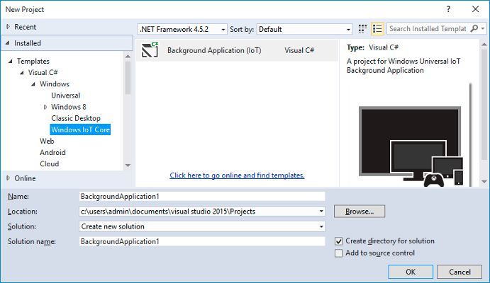 Vorlagen: Falls Sie selbst Anwendungen entwickeln möchten empfielht es sich, nach der Installation von Visual Studio 2015 noch die kostenlosen Windows IoT Core Project Templates herunterzuladen. Diese stellen Skripte in Visual Basic, Visual C#, Visual C++ und JavaScript bereit, die den Start in eigene Applikationen für Windows 10 IoT Core erleichtern. (Bild: Screenshot)
