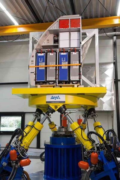 Auf dem Hexapod-Prüfstand lassen sich Belastungsprüfungen durchführen, beispielsweise für Flugzeugküchen. Dabei werden die auftretenden Beschleunigungen in alle drei Raumrichtungen mit sechs Freiheitsgraden realistisch simuliert. (Bild: FGB)
