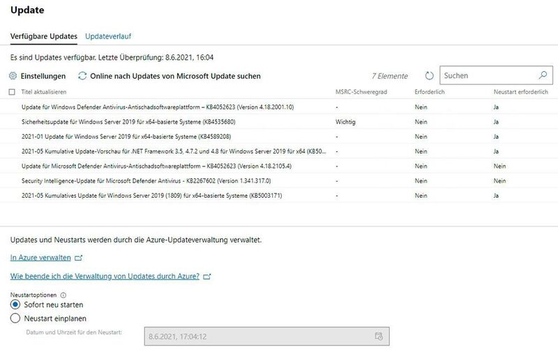 Die verfügbaren Updates für Windows im Windows Admin Center verwalten und mit Azure-Updateverwaltung zentral steuern. (Joos)