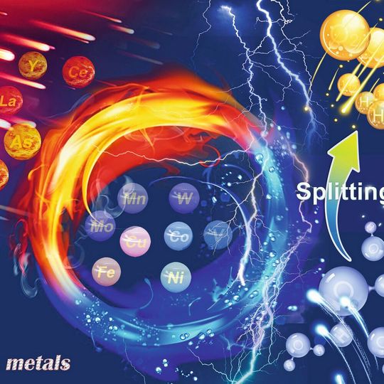 Die Illustration veranschaulicht die Aufspaltung von Wasser in Sauerstoff und Wasserstoff mit Hilfe von innovativen Elektrokatalysatoren. Wasserstoff kann als Brennstoff und chemischer Energiespeicher genutzt werden. Die Illustration veranschaulicht die Aufspaltung von Wasser in Sauerstoff und Wasserstoff mit Hilfe von innovativen Elektrokatalysatoren. Wasserstoff kann als Brennstoff und chemischer Energiespeicher genutzt werden.
