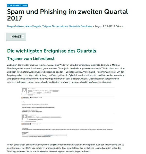 Kaspersky-Webseite mit aktuellem Spam & Phishing Report für 2.Q.2017 (https://de.securelist.com/spam-and-phishing-in-q2-2017/73002/) (R. Dombach)