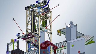 Die Anlage besteht im Wesentlichen aus folgenden Baugruppen: 1 Siloanlage, 2 Leerpaletten-Magazin, 3 Abfüllstation, 4 Schlaufenerfassung und Waage, 5 Andockvorrichtung für den Big-Bag Befüllschlauch mit Aufblas- und Entstaubungseinrichtungen, 6 Roboter mit Transporttraverse für Leer-Big-Bags, 7 Verschließvorrichtung, 8 Rollenbahnen zum Palettentransport, 9 Steuerung und PLT-Anbindung. (Archiv: Vogel Business Media)