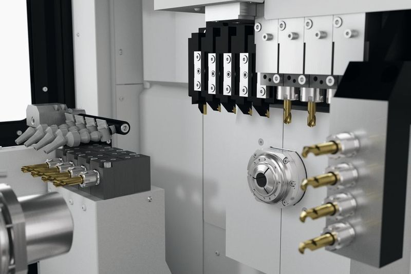 Innenansicht der DT26, eine Hochleistungsmaschine mit ausgezeichneten Leistungsmerkmalen zum Drehen von Stangen mit einem Durchmesser bis 25,4 mm. (Tornos)