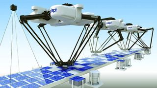 Vier Adept-Roboter der Reihe Quattro s650 beim visiongeführten Handling von Solarzellen. Bild: Adept (Archiv: Vogel Business Media)