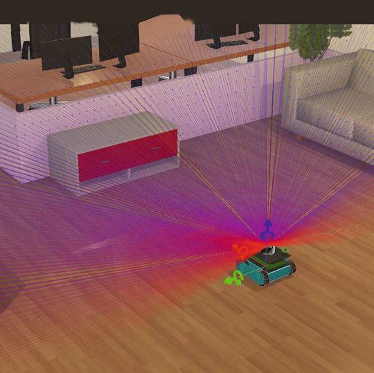 Simulation eines kleinen Roboters mit Lidar in einer Büroumgebung. Simulation eines kleinen Roboters mit Lidar in einer Büroumgebung.