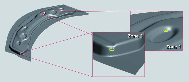 Fehler am Ziehteil während des Werkzeugtryouts. Zone 1: Riss in Verprägung, Zone 2: zu hohe Ausdünnung. (Archiv: Vogel Business Media)