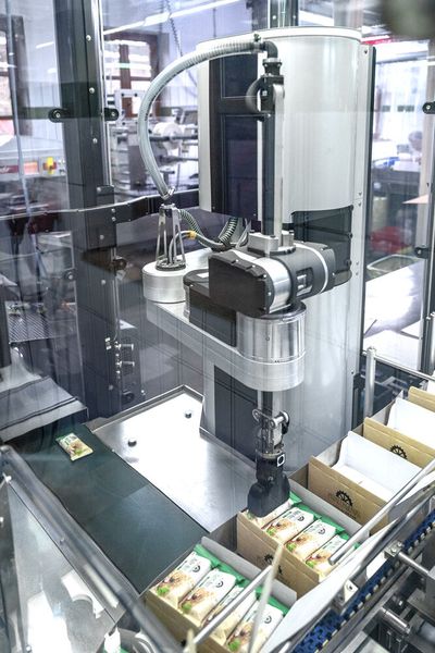 Der Cobot nimmt einzelne Riegel vom Zuführband auf und legt sie in Schachteln ab. (Bild: Gerhard Schubert )
