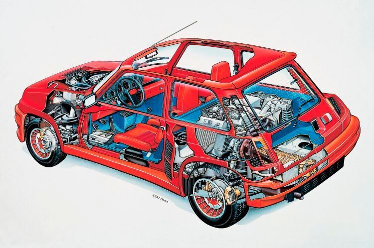 Der R5 Turbo besaß einen 4-Zylinder-Mittelmotor mit Garrett-T3-Turbolader. Der Motor war längs vor der Hinterachse eingebaut und trieb die Hinterräder über ein 5-Gang-Getriebe an. Mit einem Hubraum von 1397 Kubikzentimetern leistete er 118 kW (160 PS). Das maximale Drehmoment von 210 Nm lag bei 3250 min−1 an. Der Ladedruck betrug maximal 0,86 bar. (Renault)