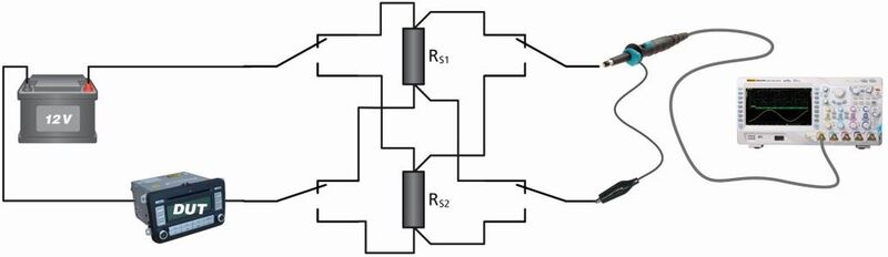 Stromspitzen messen: Der gezeigte Messaufbau mit Shunt-Widerständen und Oszilloskop ist für eine exakte Vermessung der Stromspitzen ungeeignet. (Alldaq)