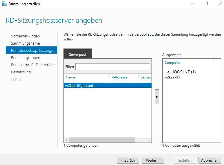 Erstellen einer neuen Sitzungs-Sammlung und Festlegen des verwendeten RD-Sitzungshostservers aka Terminalservers. (Bild: Joos - Microsoft)