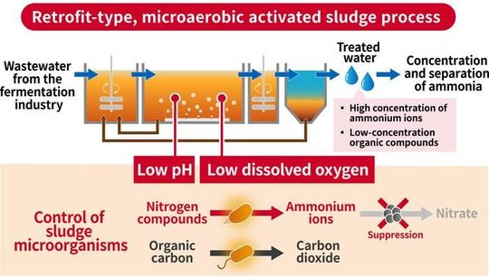 Overview of equipment and strategies for controlling the microbial community in a microaerobic activated sludge process. The diagram shows the process flow. The blue arrows indicate the water flow, while the brown arrows indicate the sludge flow.(Source:  AIST)