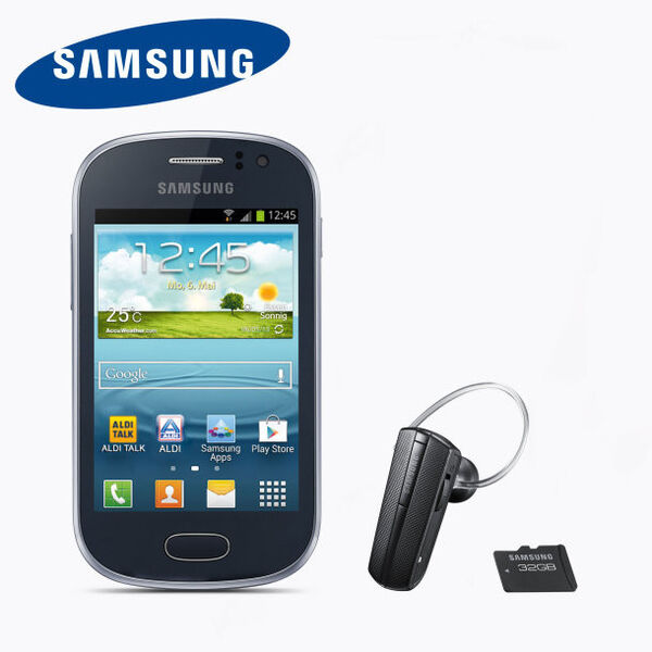 Das Samsung Galaxy Fame, das es ab 6. Mai bei Aldi Nord zu kaufen gibt, bringt eine Bluetooth-Headset und eine Speicherkarte mit. (Bild: Aldi Nord)
