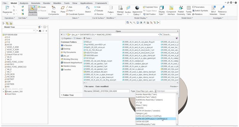 Parametric-Multi-CAD: Anwender können jetzt auch Catia-, Solidworks- und Siemens-NXTM- Dateien ohne Umweg einfügen. (Bild: PTC)
