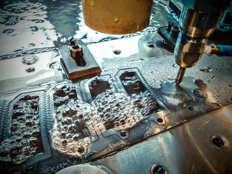 Using water jets with a diameter of 0.2 mm, high pressures and very fine abrasives, the company is able to cut extremely hard or delicate materials without altering them. (Source: Mitutoyo Europe)