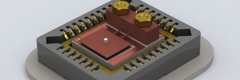 Änderungen in der elektronischen Bandstruktur von Mangansilizium verursachen Änderungen der magnetischen Eigenschaften der Probe (heller Würfel). Diese können mithilfe eines hochempfindlichen Cantilever-Drehmomentsensors (braun) gemessen werden. Änderungen in der elektronischen Bandstruktur von Mangansilizium verursachen Änderungen der magnetischen Eigenschaften der Probe (heller Würfel). Diese können mithilfe eines hochempfindlichen Cantilever-Drehmomentsensors (braun) gemessen werden.