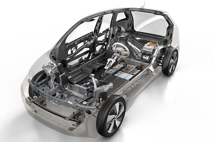 Als erster Hersteller bringt BMW eine Karbon-Konstruktion in die Großserie – auf der Schnittzeichnung schwarz gefärbt. Die silber gefärbten Komponenten sind der Aluminium-Rahmen. (Foto: BMW)