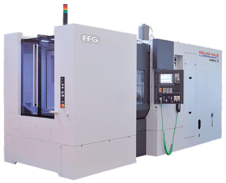 Eine Messeneuheit von Hüller Hille, einer Marke von FFG, ist das Bearbeitungszentrum NBH 5 aus der renommierten NBH-Baureihe. Als kompakte, hochdynamische Maschine zur Direktbeladung eignet es sich für den Einsatz in Fertigungszellen. (Bild: FFG)